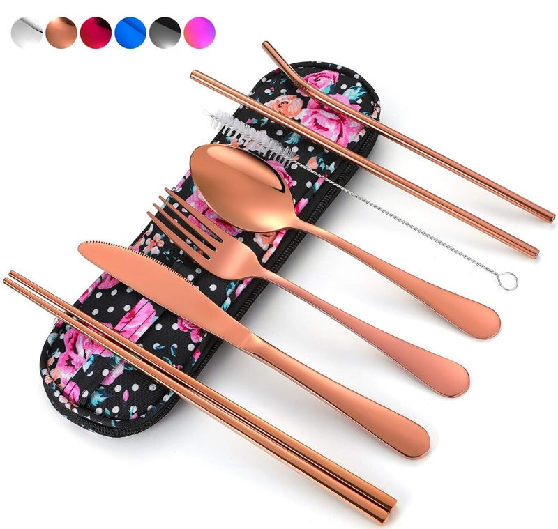 Topbooc أدوات السفر، مجموعة أدوات فضية قابلة لإعادة الاستخدام للذهاب، مجموعة أدوات مائدة محمولة مع حقيبة مقاومة للماء لصناديق الغداء، مكان العمل، التخييم، النزهات (ذهبي وردي) - Image 1